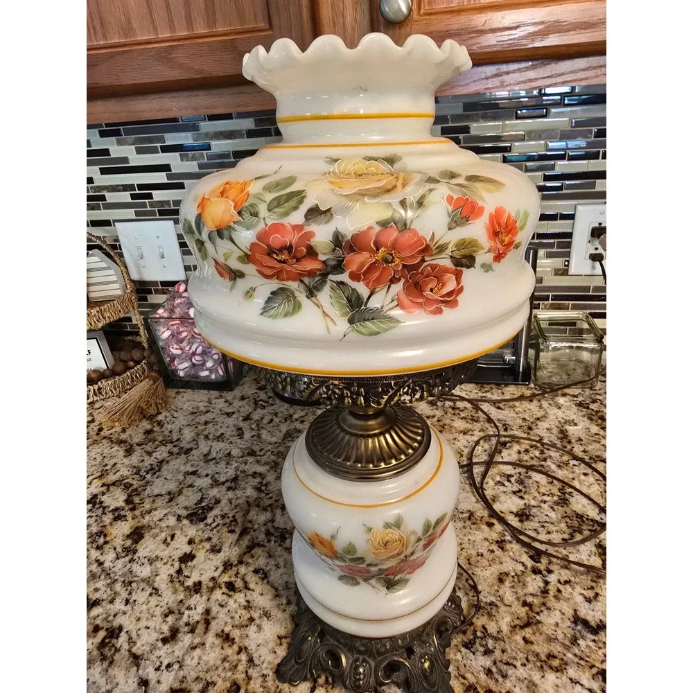 Vintage Hurricane Lamp Floral Milk Glass Gone With The Wind Style 3-Way Light